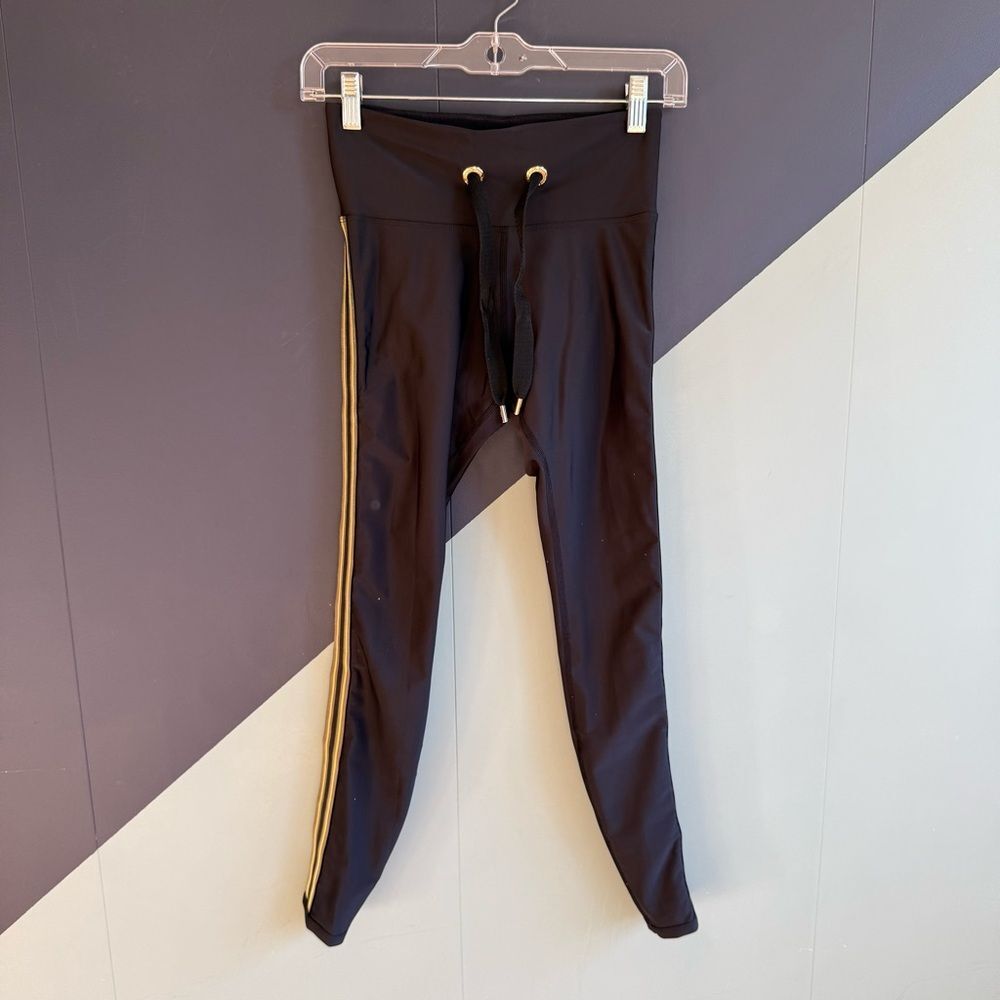 Lorna Jane Black Workout Leggings w/ Green/Gold Vertical Trim and Tie Waist, XS
